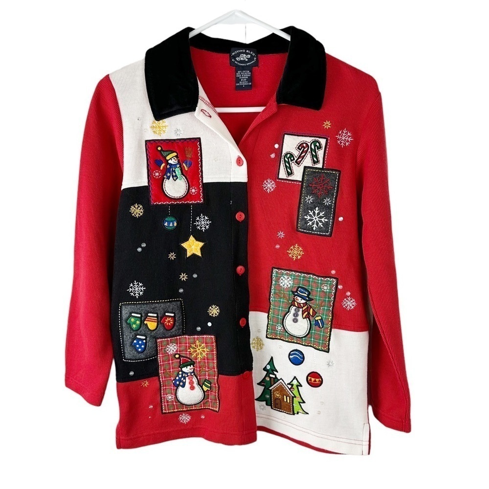 Moving Bleu Button Up Ugly Christmas Snowman Sweater Size Small